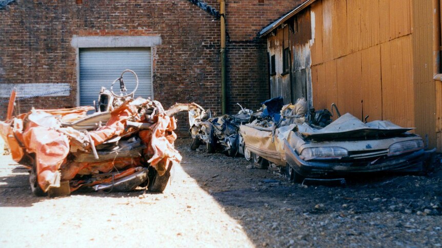 Damaged cars after 1989 Newcastle earthquake