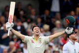 Mitch Marsh closes his eyes as he holds his bat and helmet up