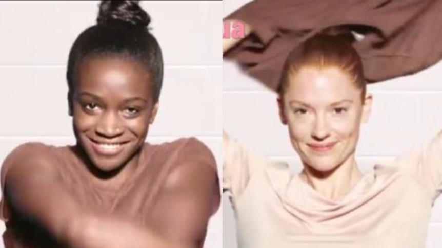 Dove advertisement showing a black woman taking off her brown t-shirt and turning into a white woman.