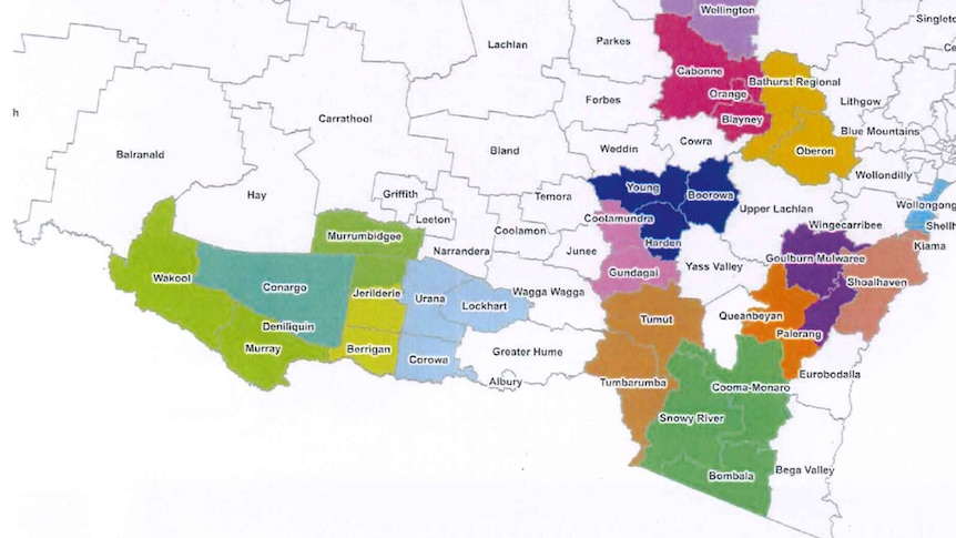 Map of proposed council mergers under the NSW Government's Fit for the Future package.