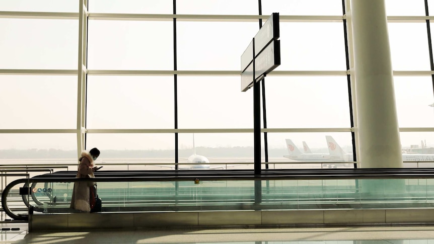 A person wearing a long fur coat and mask looks down at their phone as a plan sits on tarmac in the background.