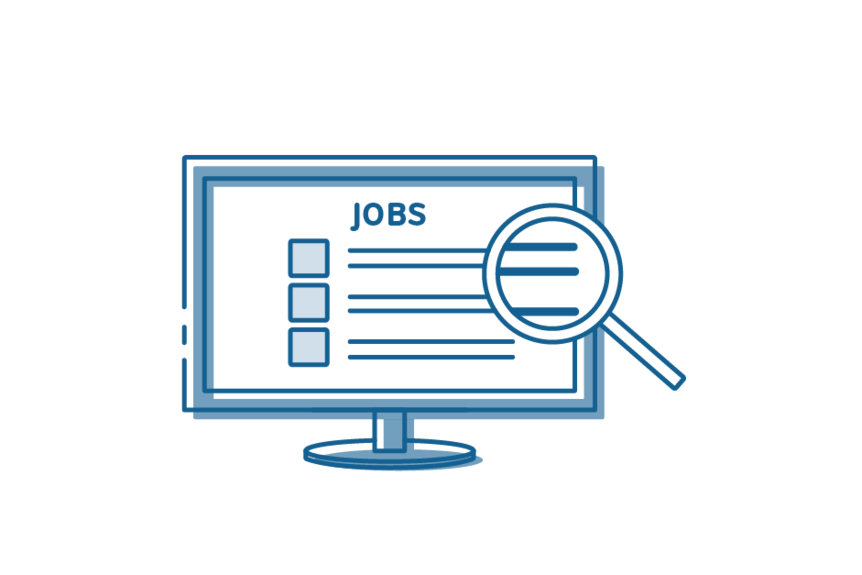 Icon drawing of desktop computer with Jobs as title on browser and magnifying glass over screen.