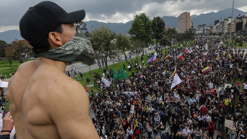 Thousands of protesters on the streets in Bogota, Colombia.