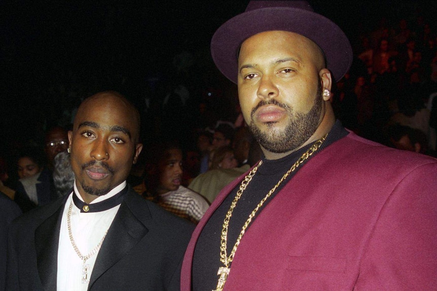 Tupac Shakur and Suge Knight backstage at the Tyson vs. Bruno fight in 1996.