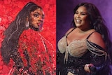 A portrait of Lizzo made from rubbish beside a photo of the popstar performing on stage in Sydney