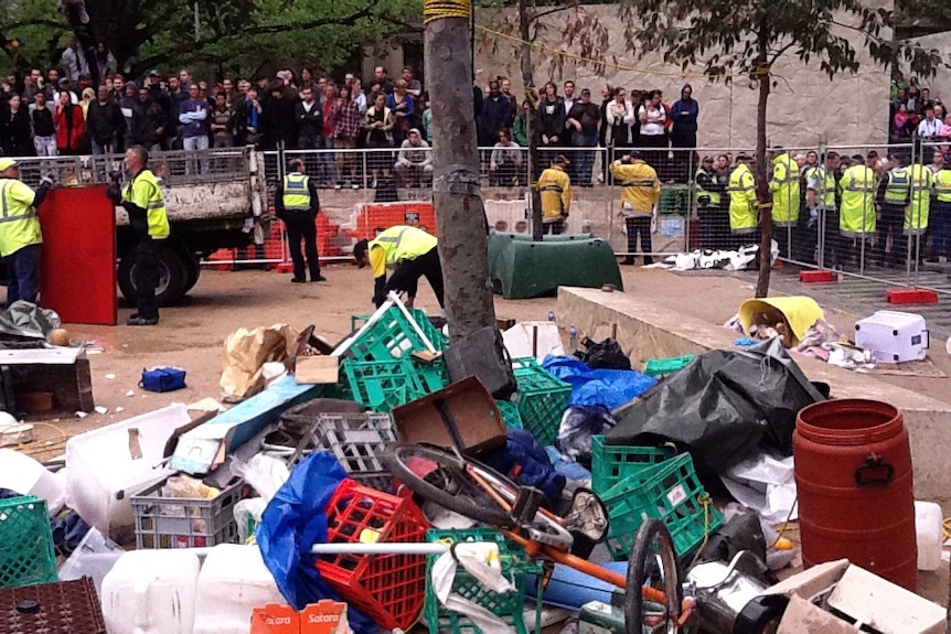 Crates and other protesters' belongings remain at the City Square site where Occupy Melbourne had been camping.