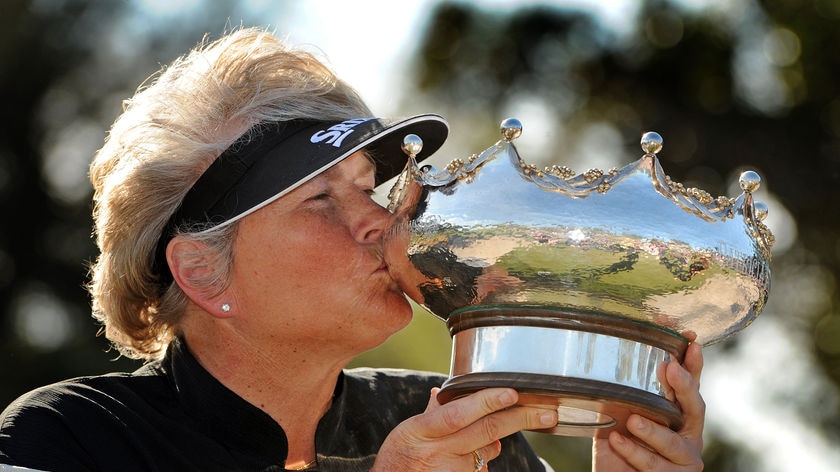 Golfer Laura Davies with the trophy after the 2009 women's Australian Open in Melbourne.