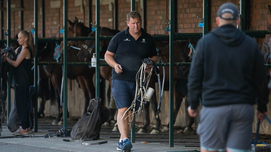 A man holds a bunch of bridles.