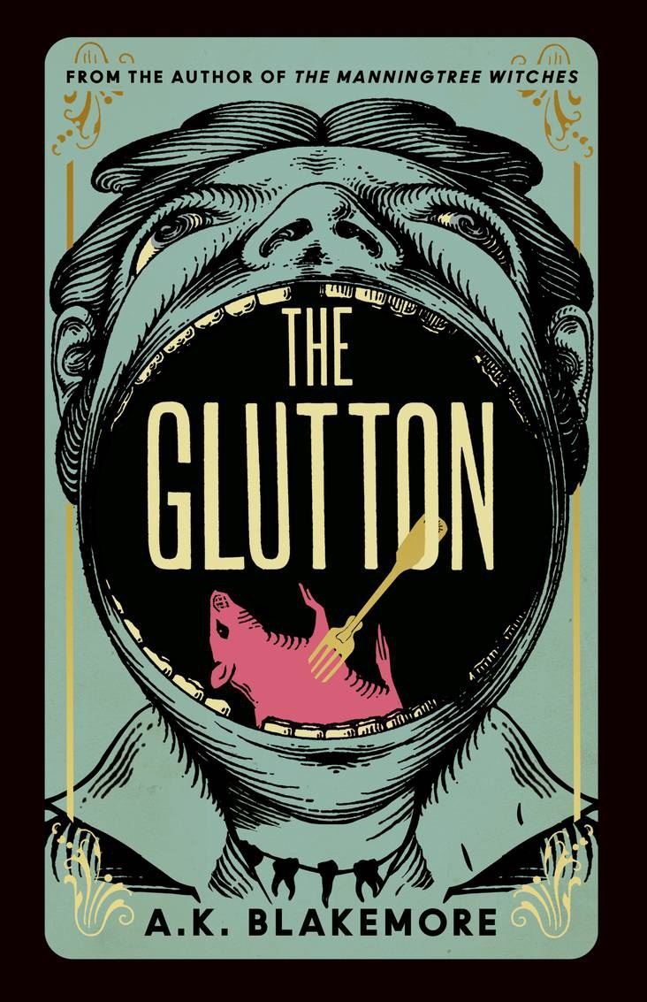 A book cover showing an illustration of a head with an enormous gaping mouth, inside which sits a gold fork piercing a pink rat