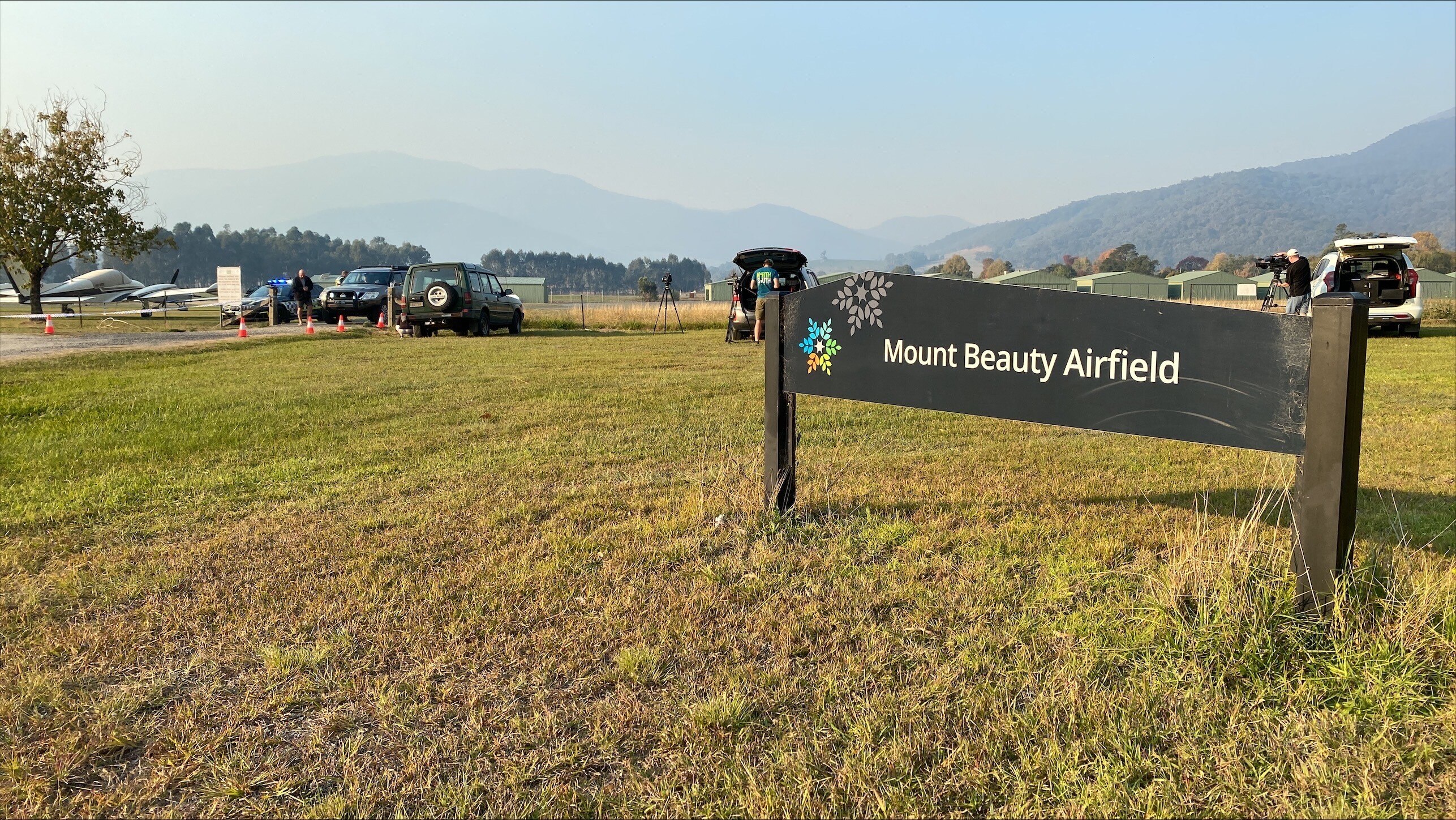 A sign at Mount Beauty Airfield near the scene of a plane crash.
