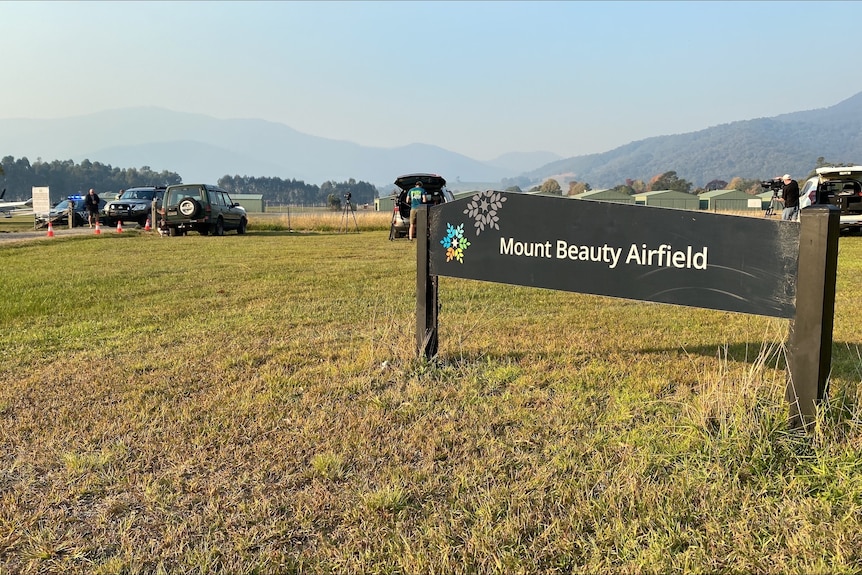 A sign at Mount Beauty Airfield near the scene of a plane crash.