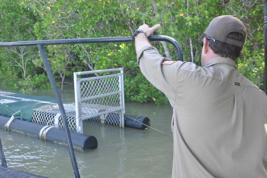 Wildlife ranger Ian Hunt assesses one of the croc traps in Shoal Bay.