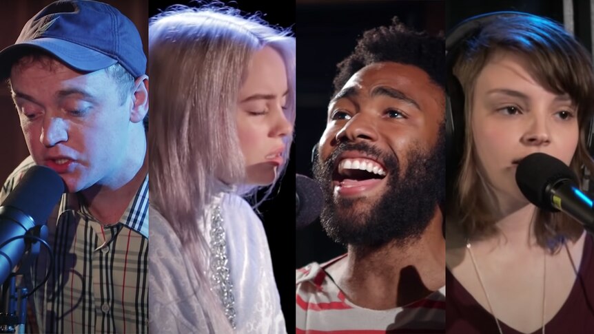 A collage of Tommy O'Dell from DMA's, Billie Eilish, Childish Gambino and Lauren Mayberry of CHVRCHES singing into microphones.