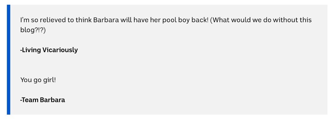 Blog post saying "I'm so relived to think Barbara will have her pool boy back! (What would we do without this blog?!)"