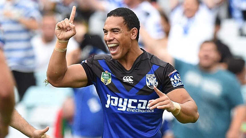 Will Hopoate celebrates try for Bulldogs