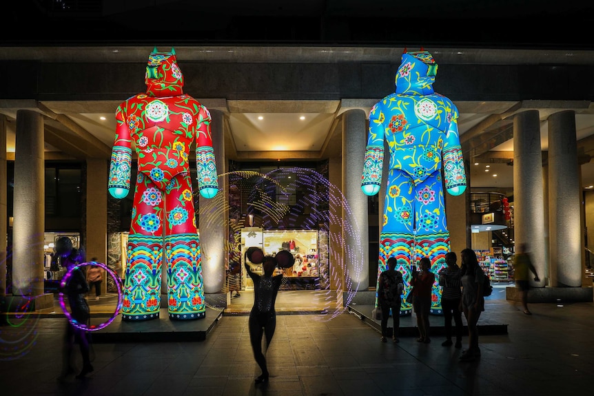 Lunar lantern horses decoration stands on streets.