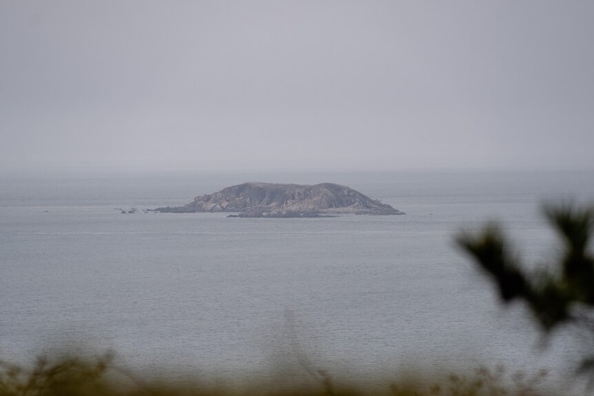 An island surrounded by water on all sides on a hazy day.