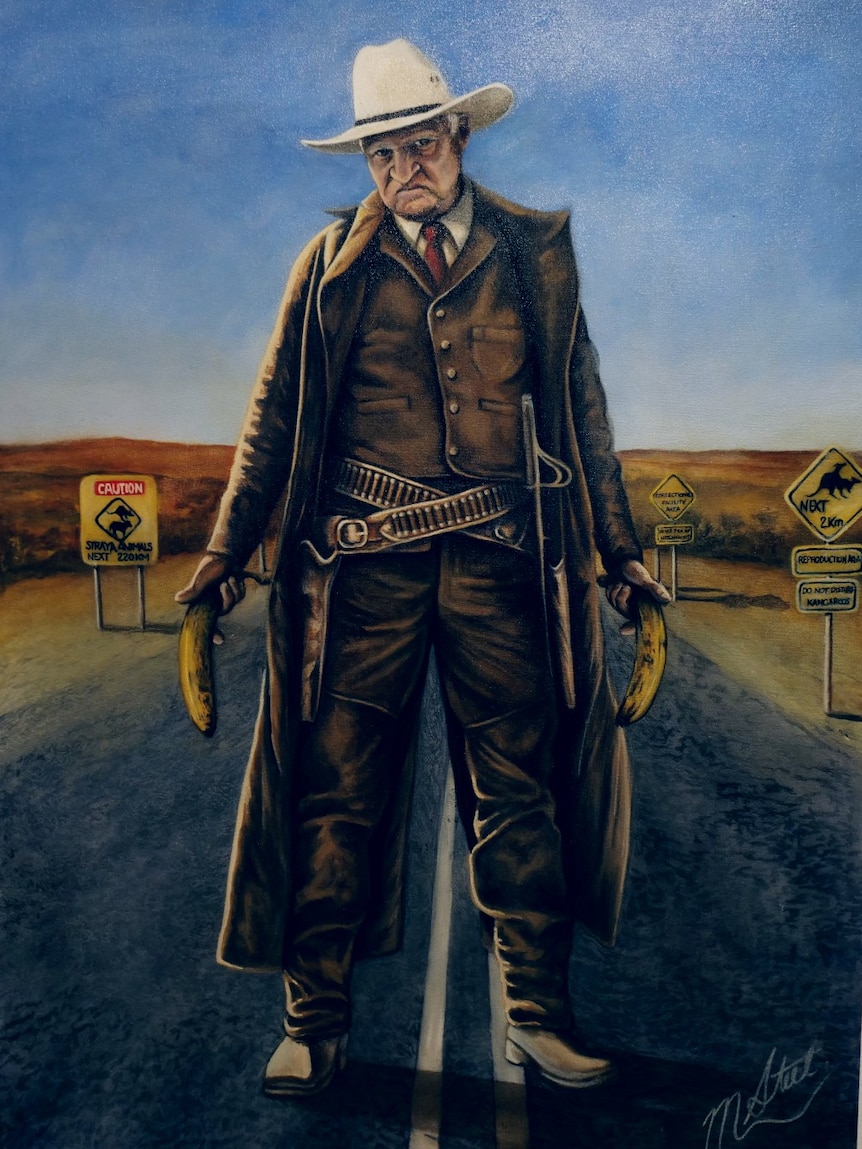 Bob Katter pictured as a sheriff on a country road.