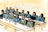 A courthouse sketch of fourteen people sitting in a court gallery. 
