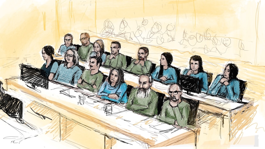A courthouse sketch of fourteen people sitting in a court gallery. 