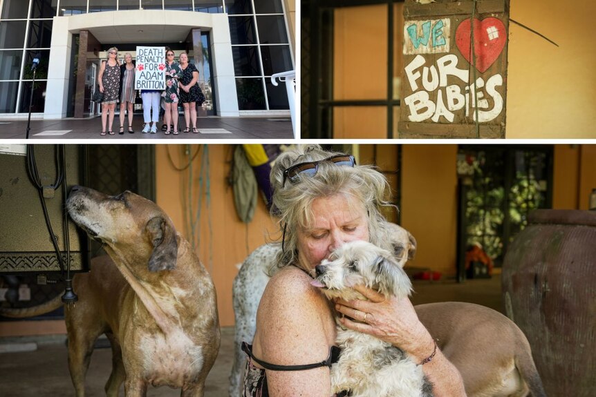 A grid showing a woman kissing her dog, with another group of women holding a sign and another sign saying we love fur babies.
