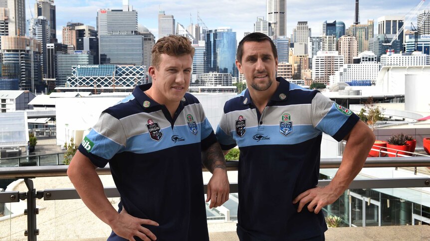 Blues' halves Mitchell Pearce (L) and Trent Hodkinson at Origin team announcement on May 19, 2015.