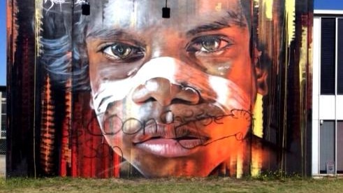 The picture of an indigenous boy on a brickwall at Wickham was marked with racist comments and lewd pictures.
