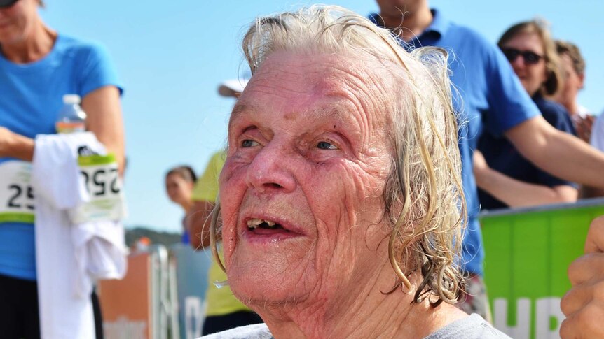 Alison Harcourt, 84, after completing the Mountain to Surf fun run