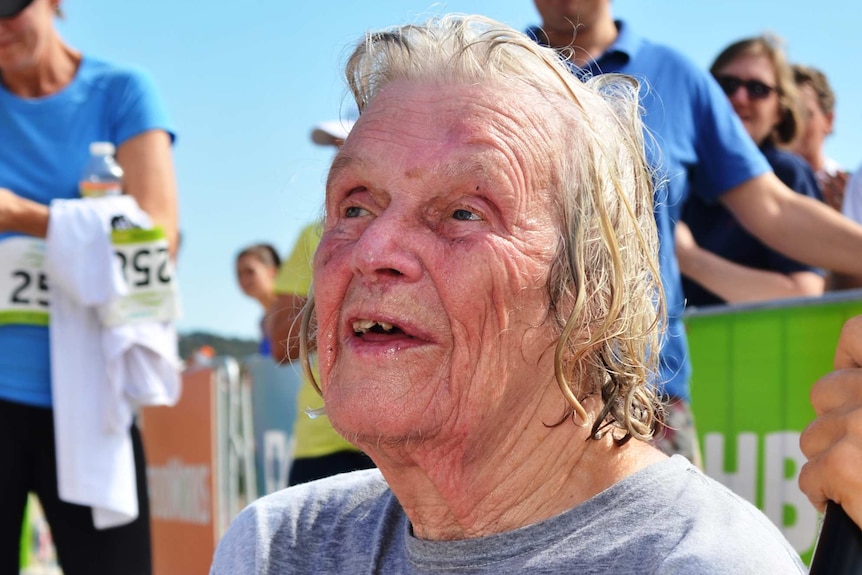 Alison Harcourt, 84, after completing the Mountain to Surf fun run