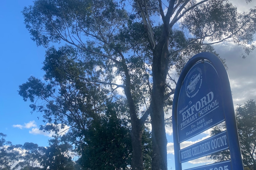 A blue sign for Exford Primary School with a gum tree in the background.