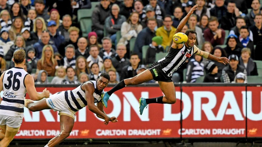 Collingwood's Travis Varcoe fights for the ball
