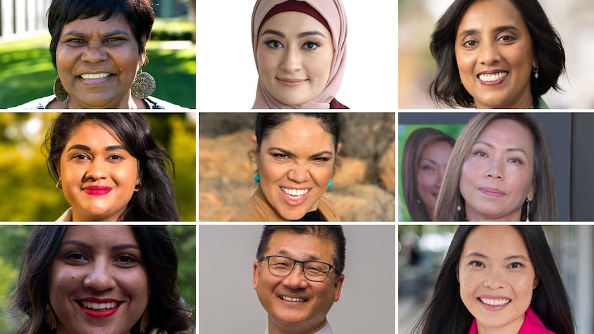 A composite image of nine portraits of a mix of men and women from a variety of different backgrounds.