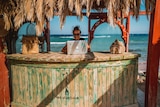 A woman sits at a bamboo desk by the beach with her laptop