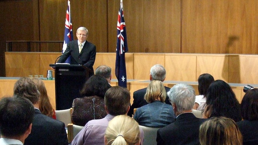 Prime Minister-elect Kevin Rudd announces his ministry to the waiting media.