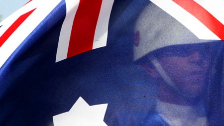 Australian flag flutters.