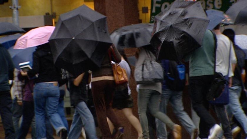Generic TV still of pedestrians with umbrellas in Brisbane CBD on blustery, rainy day on April 2, 20