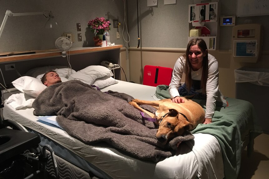 Sam Willoughby lies on a hospital bed with Alise patting a dog that is lying at his feet