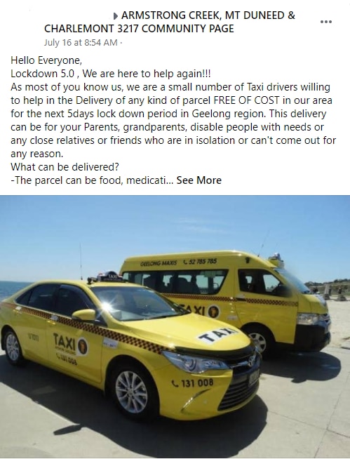 A Facebook post advertising the free delivery service in a local community group