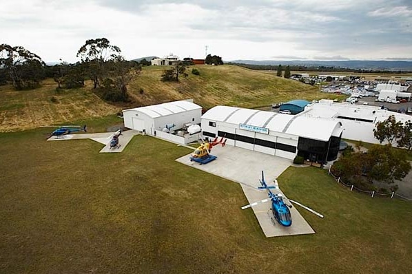 Aerial view of RotorLift Aviation Hobart airport terminal.