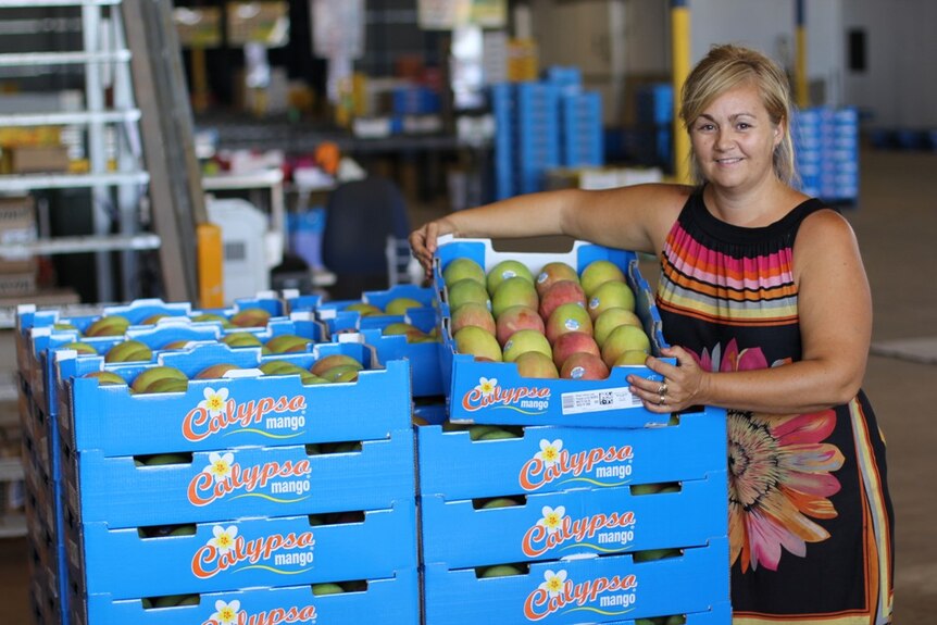 Tina Niceforo holding a tray of mangoes