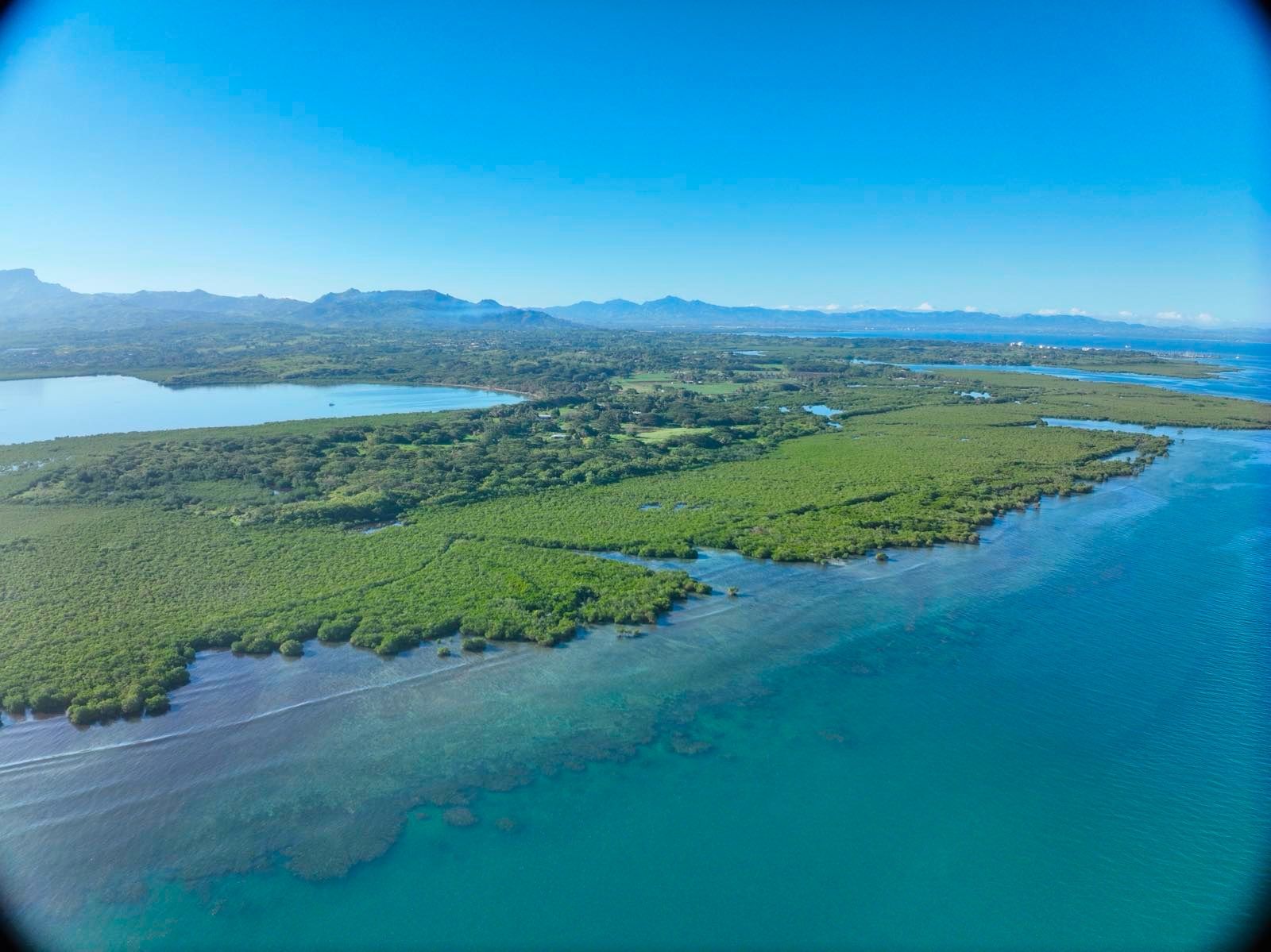 The coastline is lined with green trees and the clear blue sea stretches into the distance.