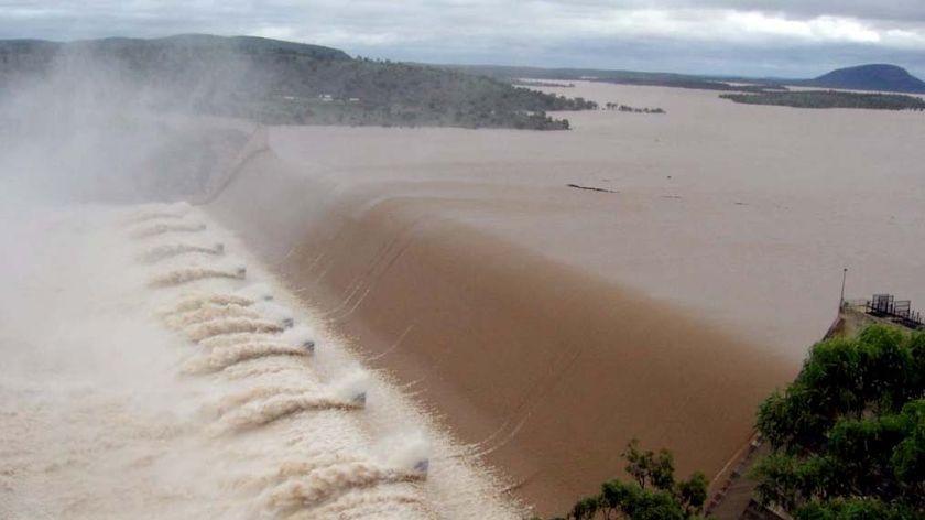 The Burdekin Falls Dam spills over.