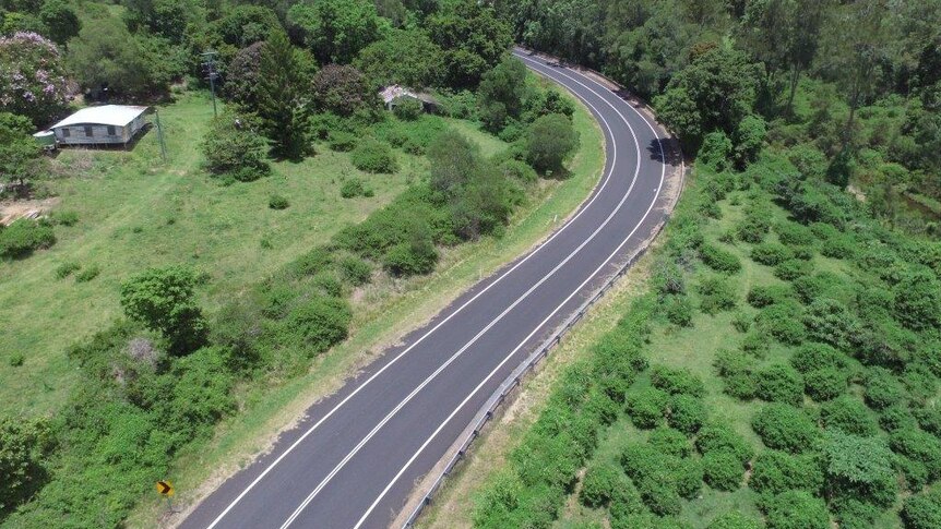 Aerial photo of lantana on the sides of a road.