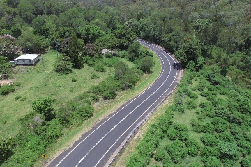 Aerial photo of lantana on the sides of a road.