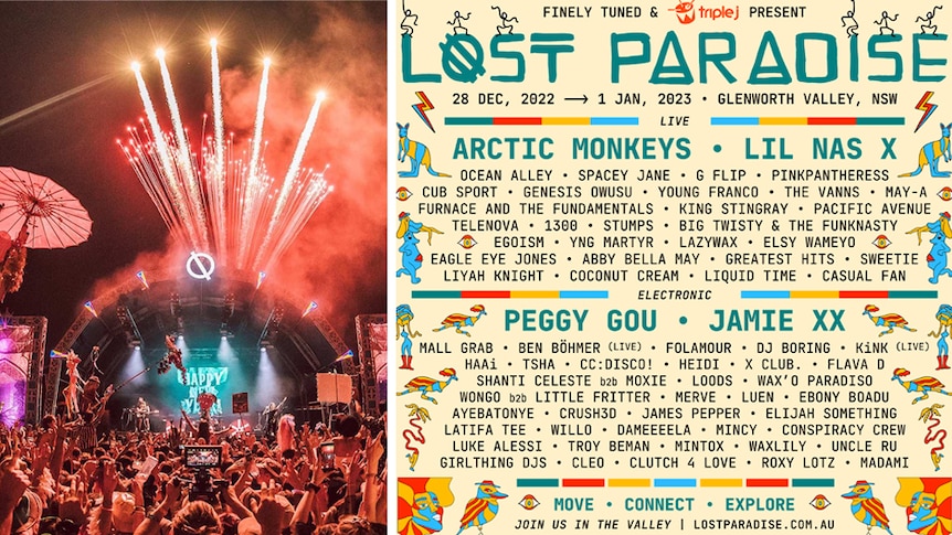 The lineup poster and main stage for Lost Paradise festival in Glenworth Valley, NSW