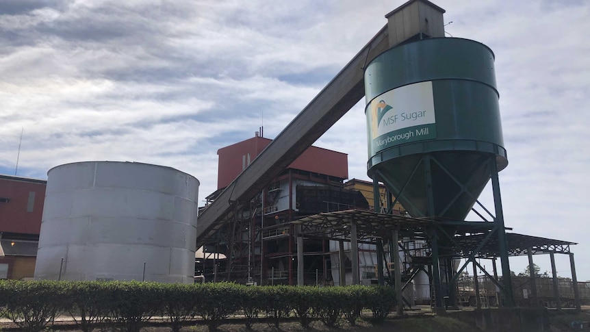 A dark green sugar storage silo with attached escalator at a sugar mill. A sign on the silo says MSF Sugar Maryborough Mill