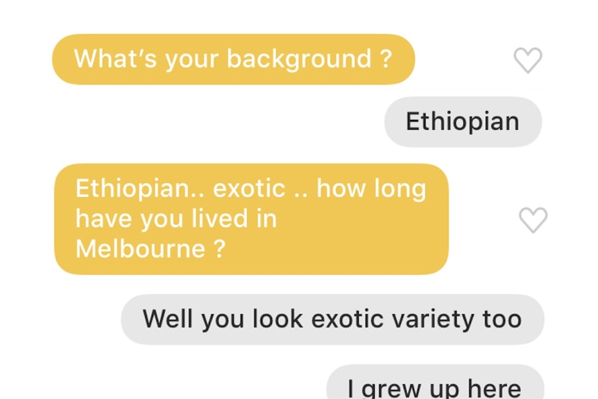 A conversation on a dating app with one participant asking about the race of the other, depicting racism in online dating.
