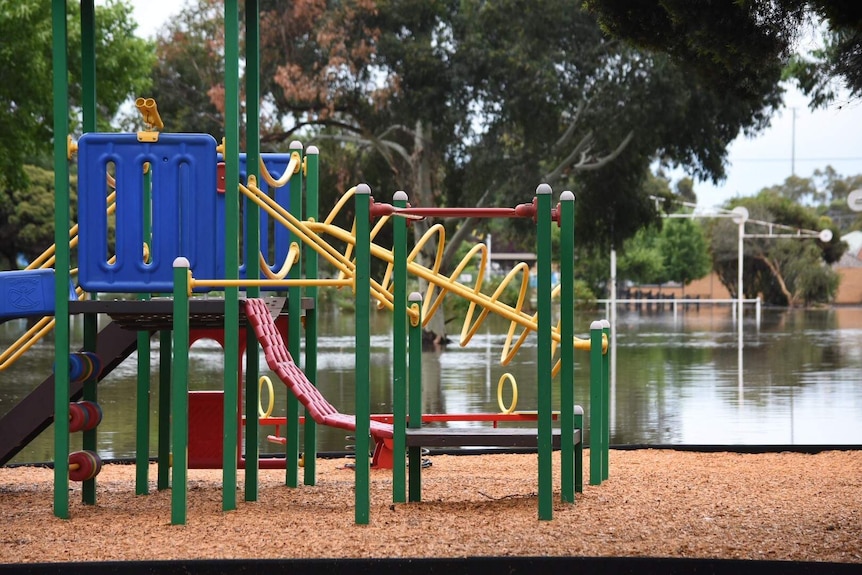 Water is rising around the local Euroa children's playground.