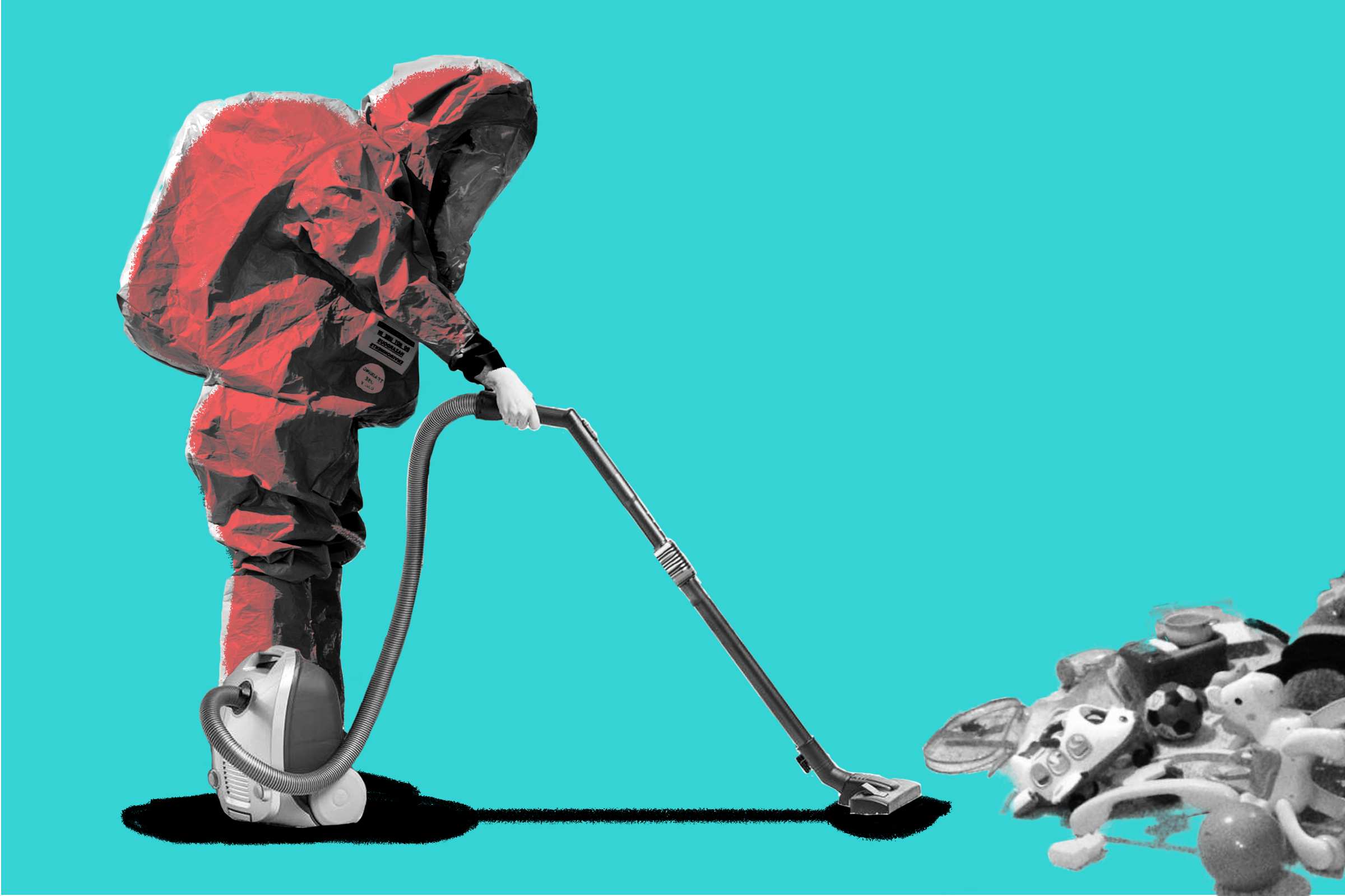 Person in a hazmat suit vacuuming a big pile of mess to depict practical gifts to buy new parents of a baby.