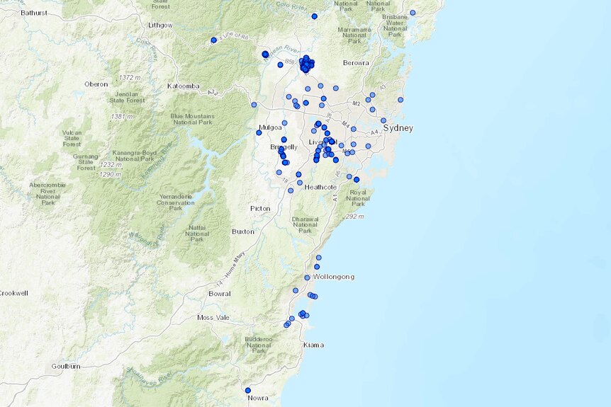 a 2d map showing little blue dots, with several in sydney, scattered to the south in wollongong